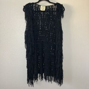 PPLA Black Boho Festival Hippie Bohemian Open Knit Fringe Long Duster Vest M